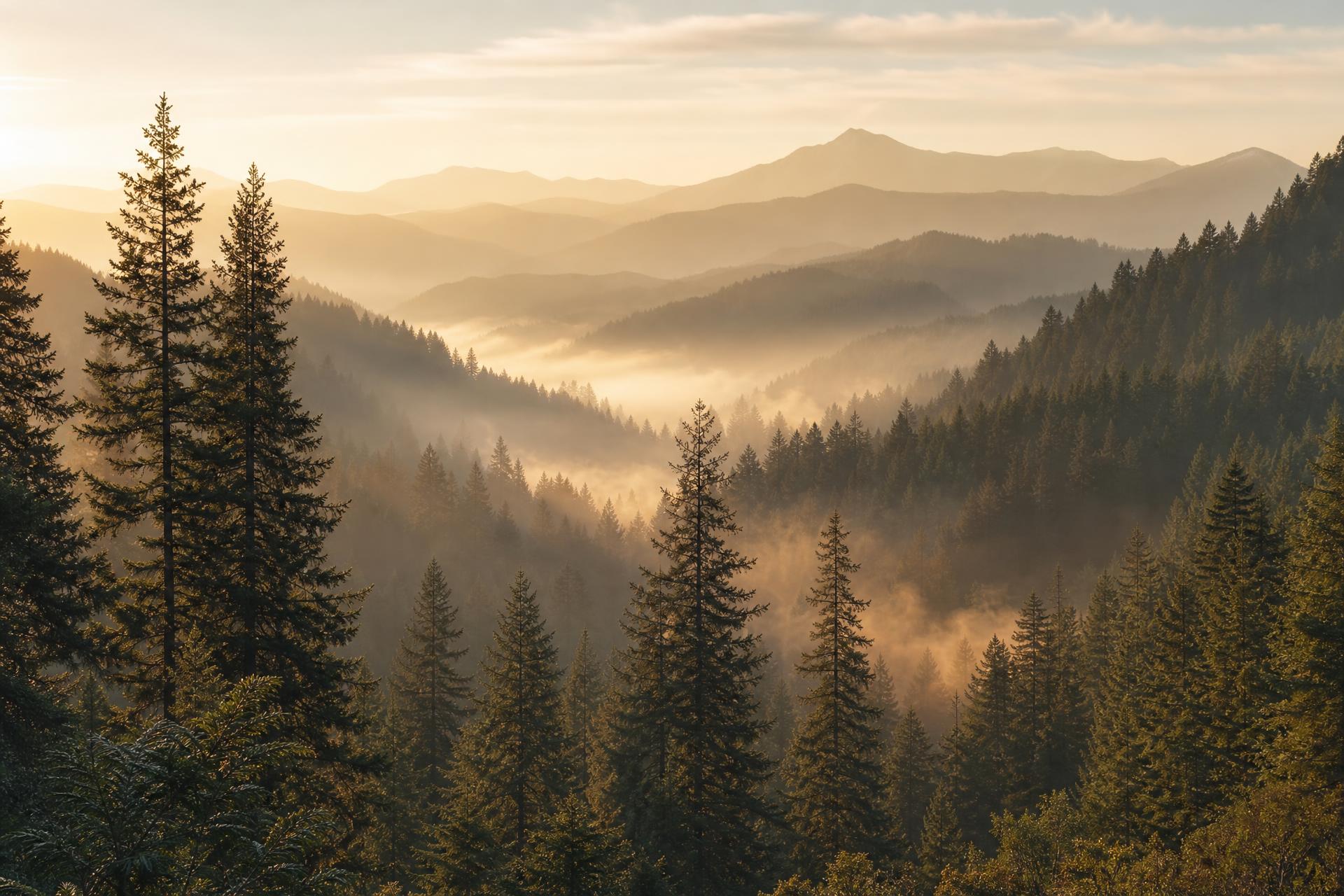 Misty Pacific Northwest mountain forest at golden hour